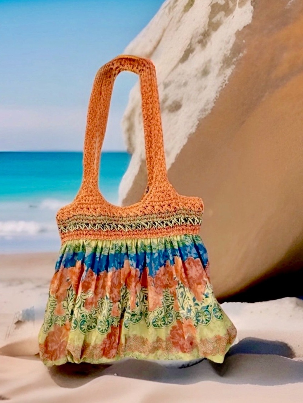 BLUE MIAMI Boho Hippie Slouchy Fabric Crochet Orange Green Tote Beach Purse Bag